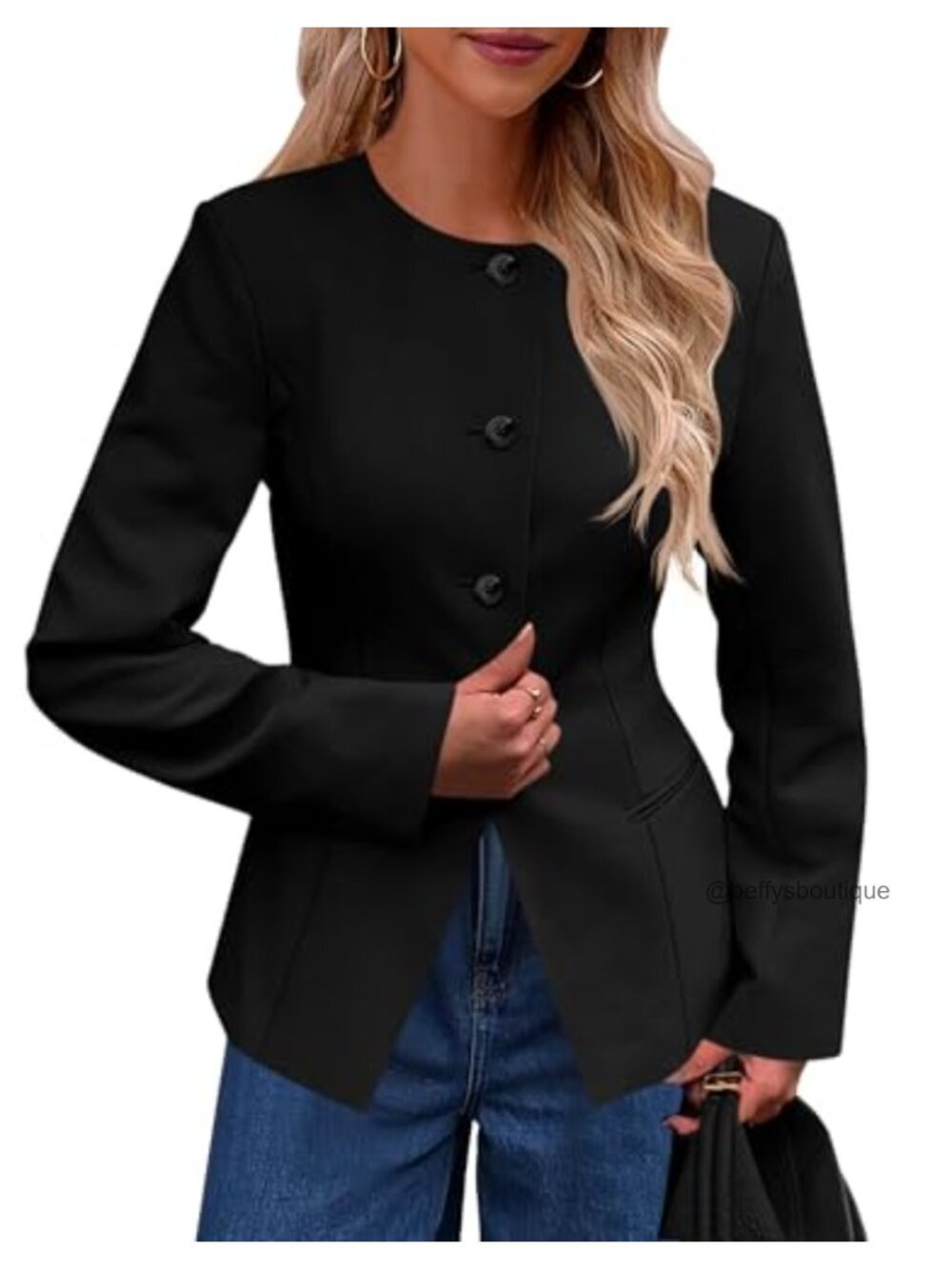 Womens Collarless Fitted Business Casual Blazer Split Hem Button Down Suit